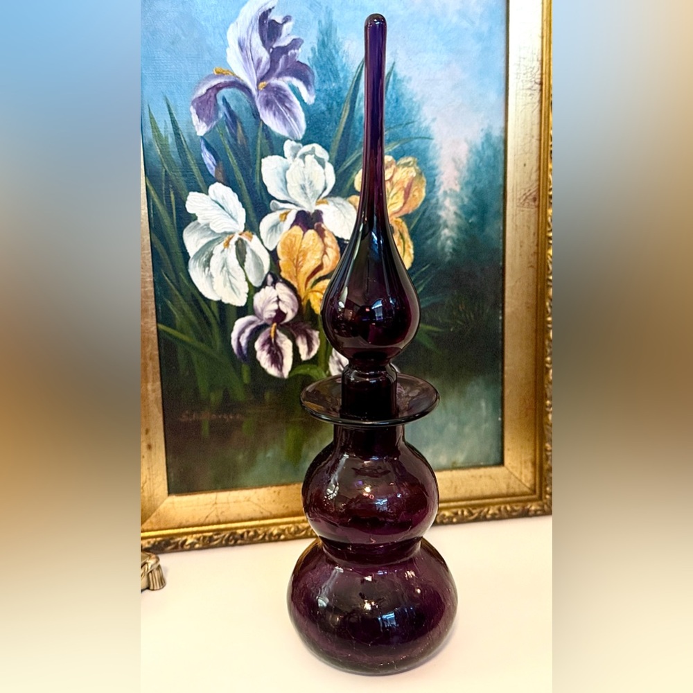 Rare MCM Vintage Hand Blown Amethyst Crackle Genie Bottle/Decanter & Stopper